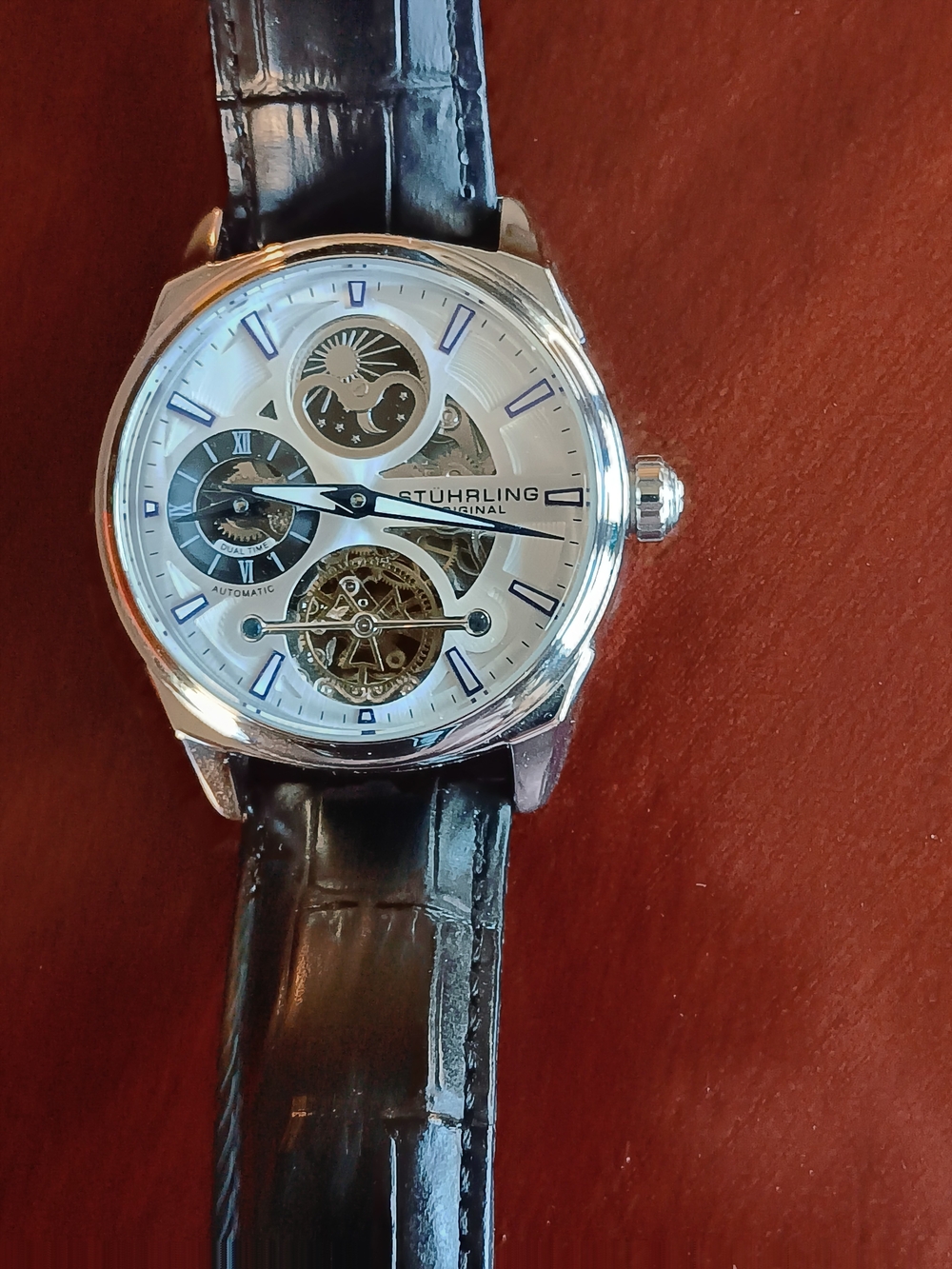 Stuhrling Original Men's Automatic Silver Dial Watch with Black Leather Strap